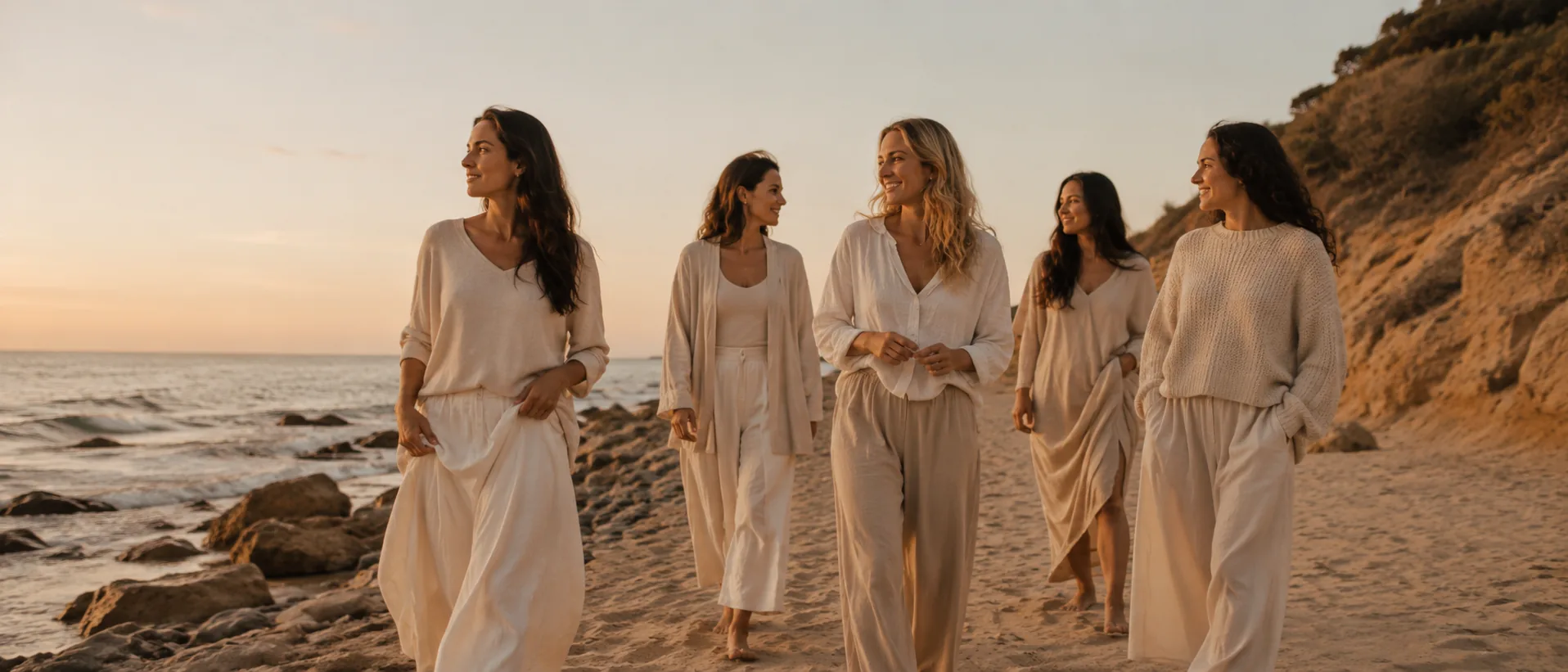 Grupo de mujeres caminando por la playa al atardecer