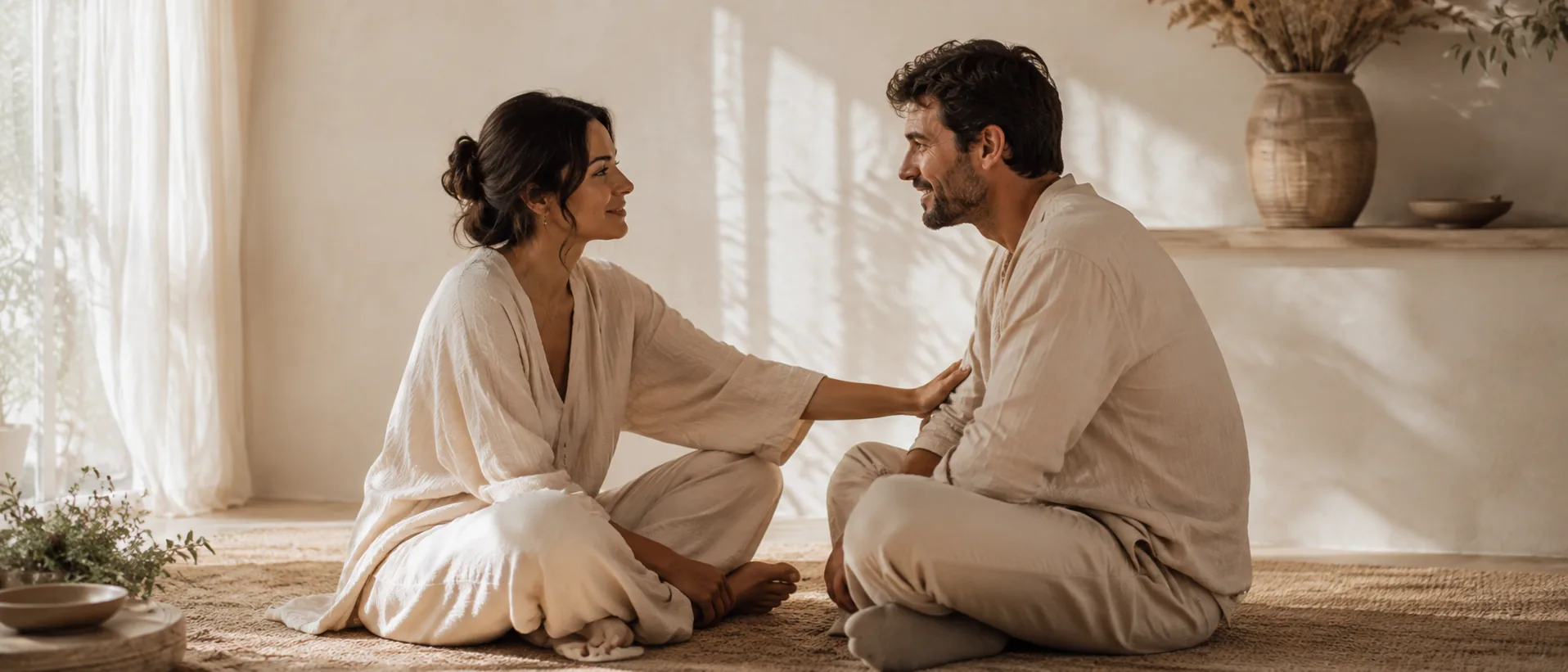 Una pareja se mira con calma y cercanía sentada en el suelo